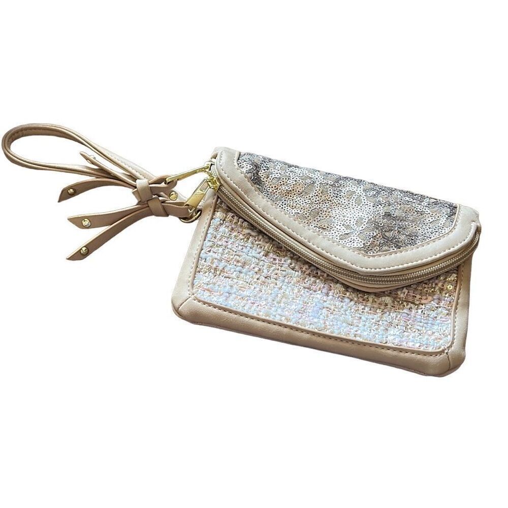 Maunces Tan Tweed Sequins Wristlet Clutch Wallet Bag Gold Accents